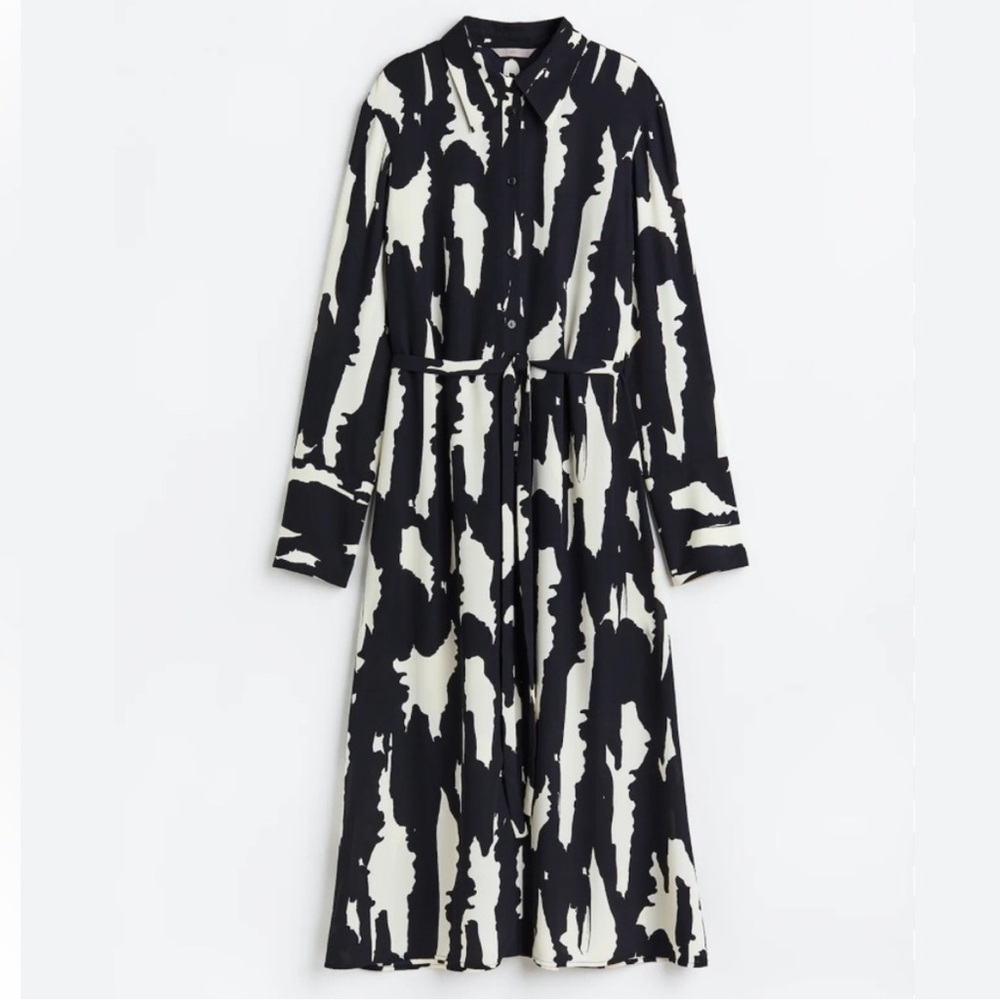 H&M Elegant Black and White Patterned Shirt Dress